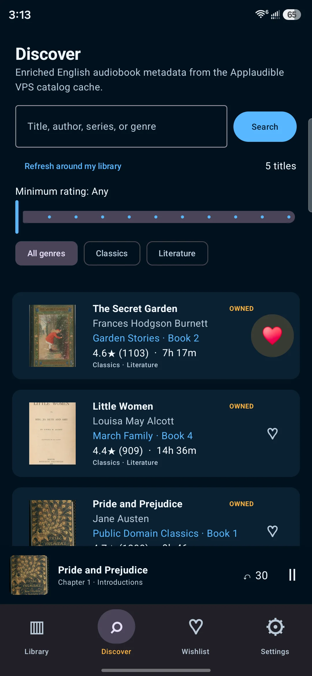 Applaudible Discover screen showing public-domain classics