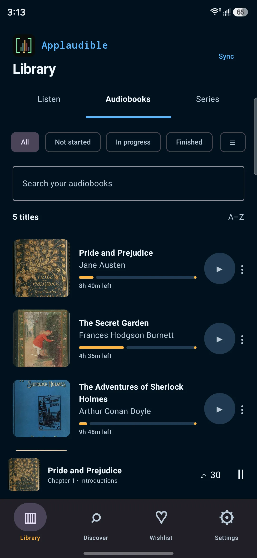 Applaudible library with public-domain covers, filters, progress, and a mini player