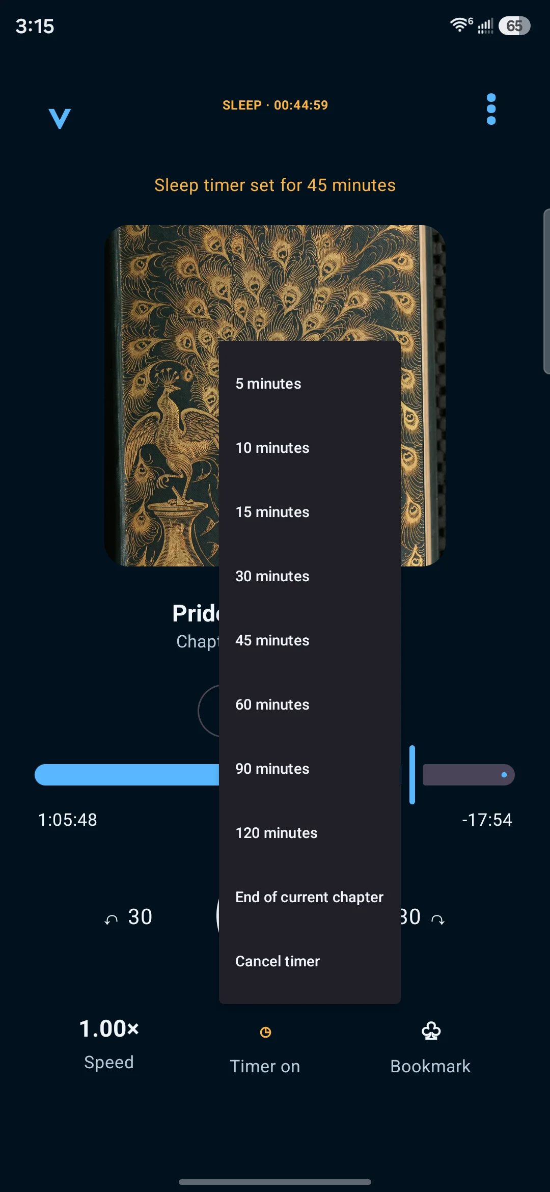 Applaudible player with its real sleep timer options open